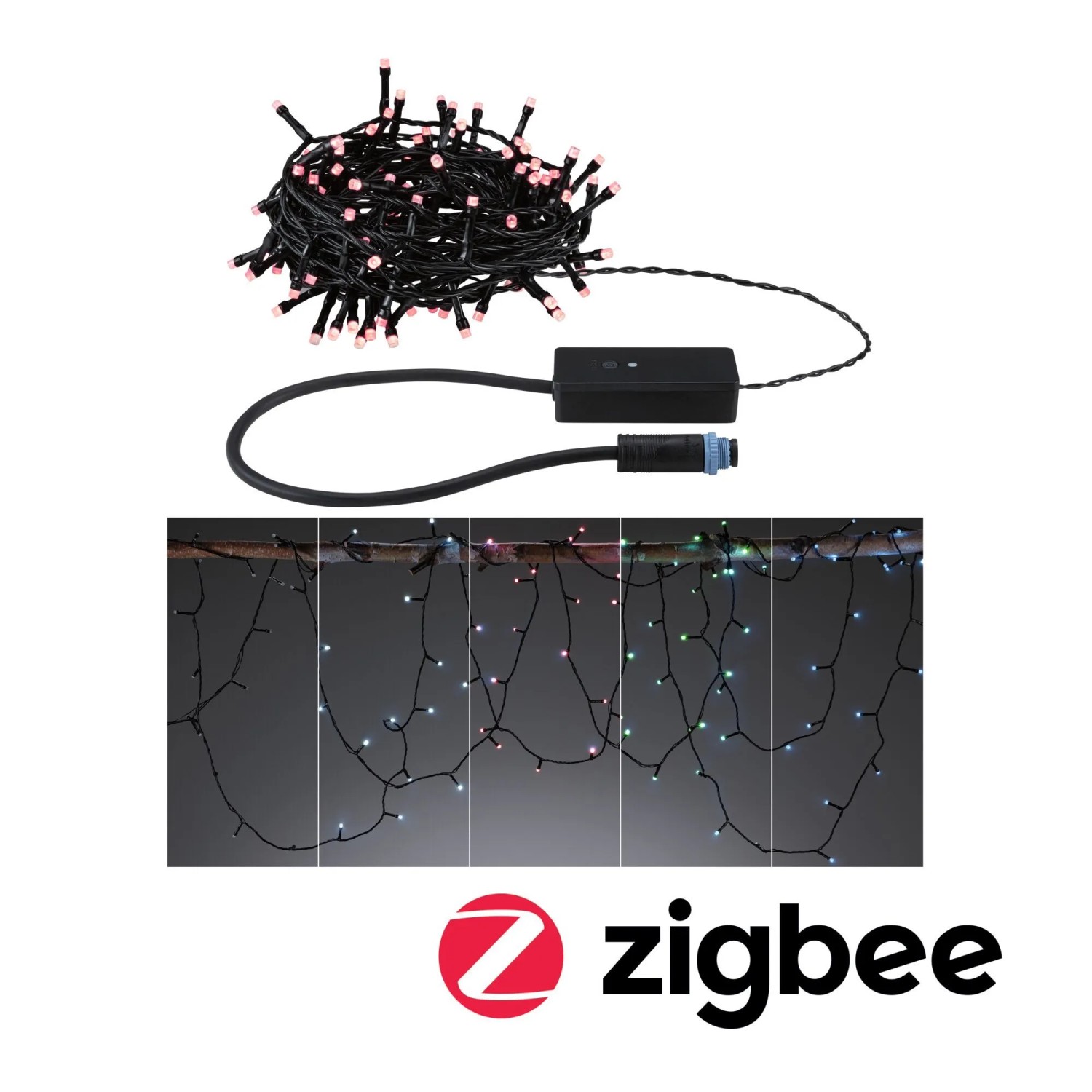Paulmann LED-Lichterkette Yuna Plug & Shine RGB, 10m, schwarz. Aufgerollt und hängend mit bunten LED-Lichtern, Zigbee-fähig.