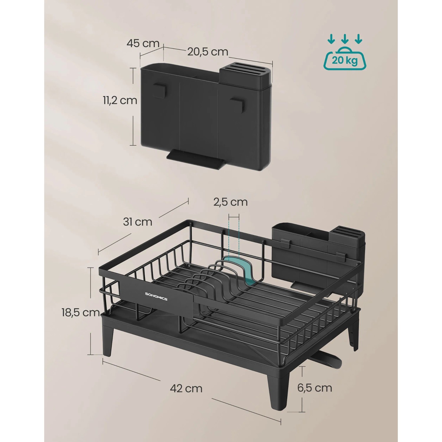 Schwarzes Songmics Abtropfgestell (42x31x18,5cm) mit Besteckhalter, ideal für die Küche.