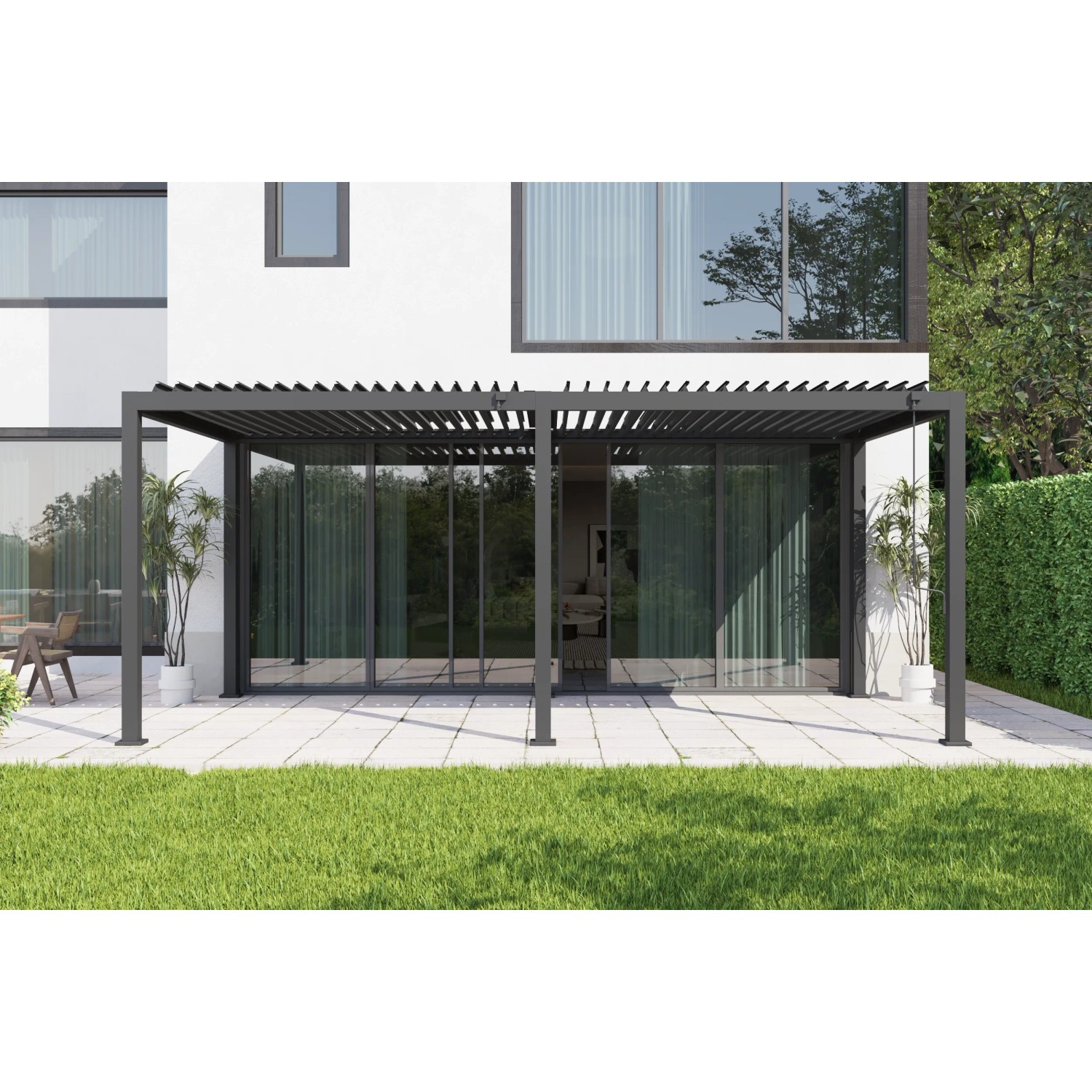 Große anthrazitfarbene MWH Pergola C110 Series 3x6m auf Terrasse. Verstellbare Lamellen für Sonnenschutz im Garten.