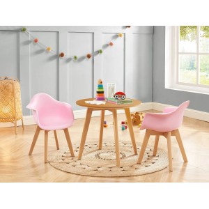 Runder Kindertisch Louloune aus hellem Holz, 60 cm, mit zwei pinken Stühlen im skandinavischen Stil.