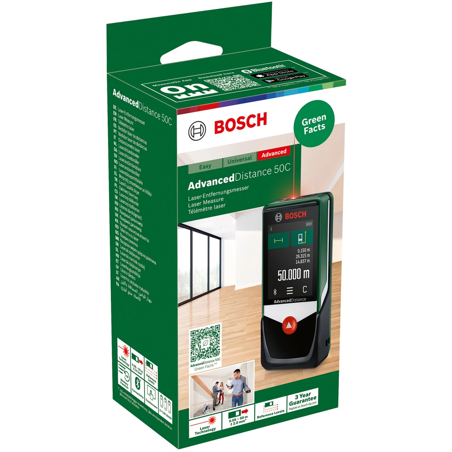 Bosch AdvancedDistance 50 C Laser-Entfernungsmesser mit Touchdisplay und Verpackung.