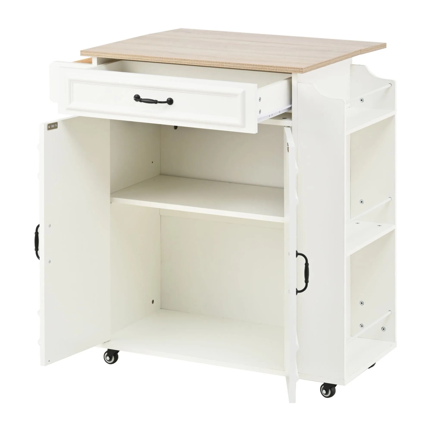okwish Kücheninsel mit Rollen Klappbare Arbeitsplatte Schublade Gewürzregal 66x38x86cm Natur