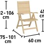 Abbildung des Klappstuhls Canston aus Holz mit Armlehnen, verstellbar und in Naturfarbe, mit Maßangaben.