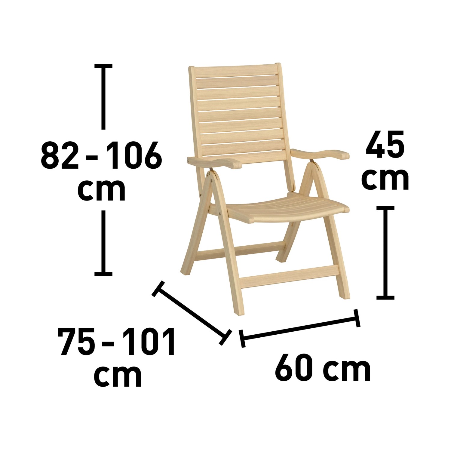 Abbildung des Klappstuhls Canston aus Holz mit Armlehnen, verstellbar und in Naturfarbe, mit Maßangaben.