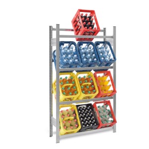 Verzinktes PROREGAL Getränkekistenregal mit 4 Ebenen für 12 Kisten, ideal für Keller und Getränkemärkte.