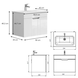 Vicco Badmöbel Set Stefanie, weiß Hochglanz, 2-teilig, Unterschrank mit Waschbecken, Maße.