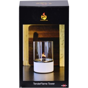 Tenderflame Tischfeuer Turm, 300 ml, Weiß. Deko-Kamin für Innen & Außen mit Glaszylinder.