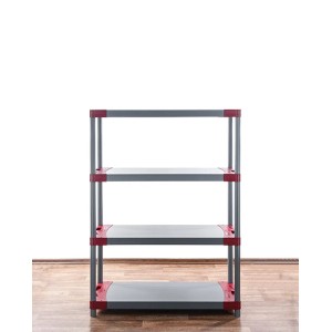 Graues PROREGAL Kunststoffregal Grey Bear mit 4 Böden und rotem Rahmen. Fachlast 120kg.