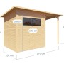 Bertilo Gerätehaus Pent Modern 3 Plus aus Holz (FSC®) mit Anbau und Maßangaben.