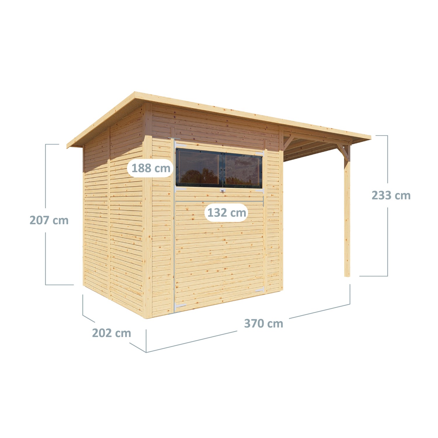 Bertilo Gerätehaus Pent Modern 3 Plus aus Holz (FSC®) mit Anbau und Maßangaben.