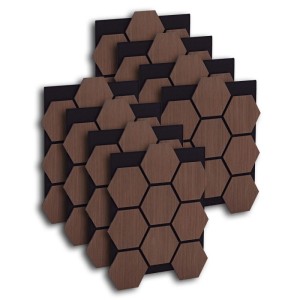 Braune Homestyle4u Akustikpaneele in Hexagonform mit 3D-Holzoptik auf schwarzem Filz. Ideal für Schallabsorption.
