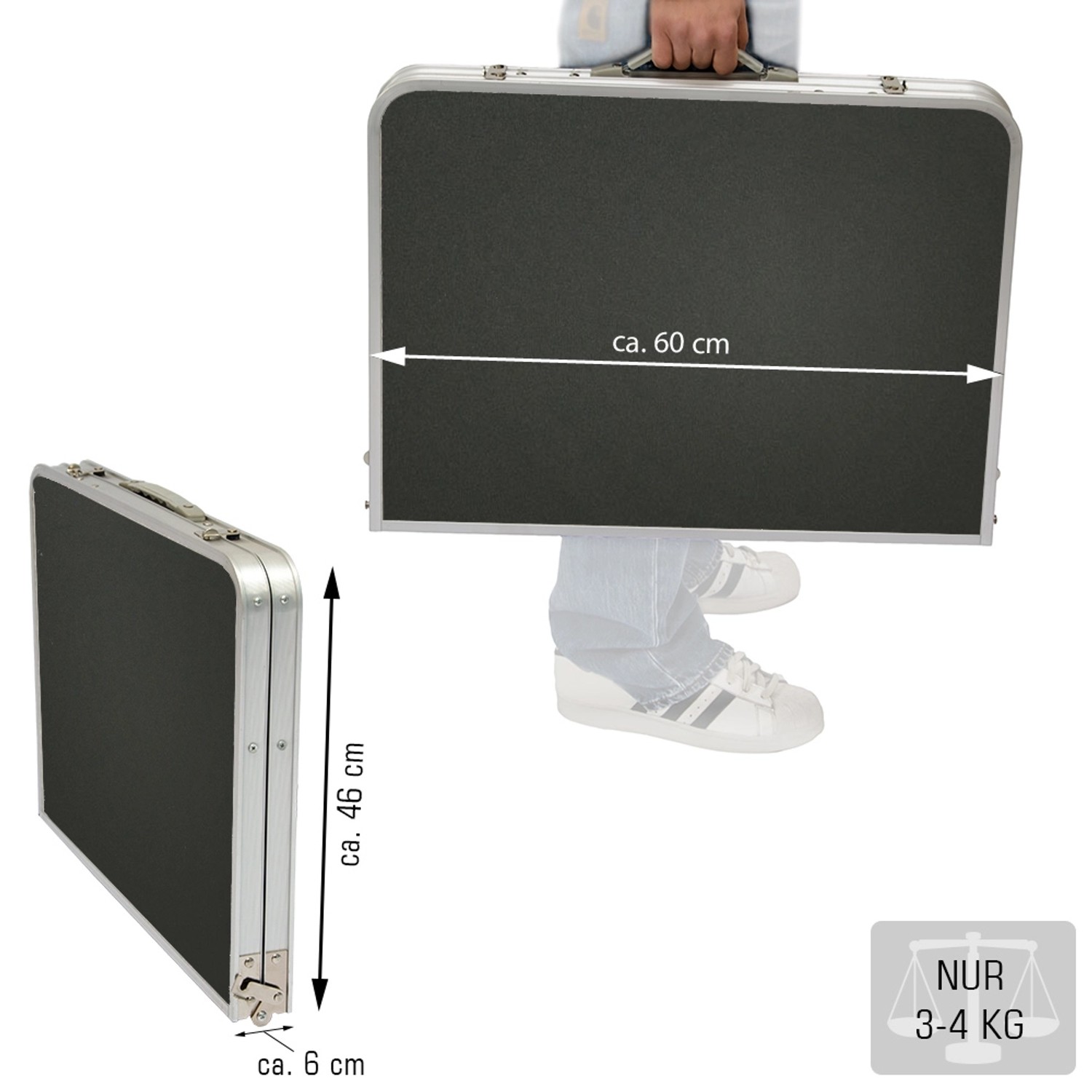 AMANKA Campingtisch-Set, grau, zusammengeklappt als Koffer mit Tragegriff und 2 Hockern.