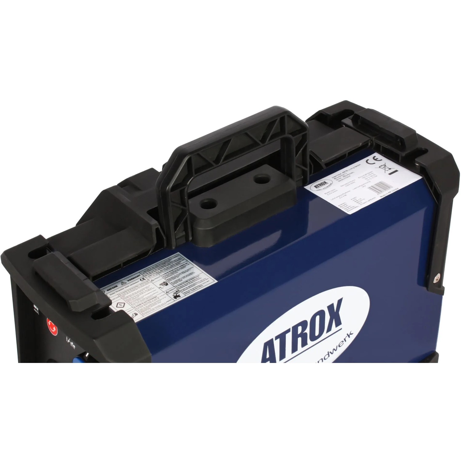 Atrox Mini-MIG 140 Schweißgerät 5in1, Detailansicht des blauen Gehäuses mit Tragegriff.