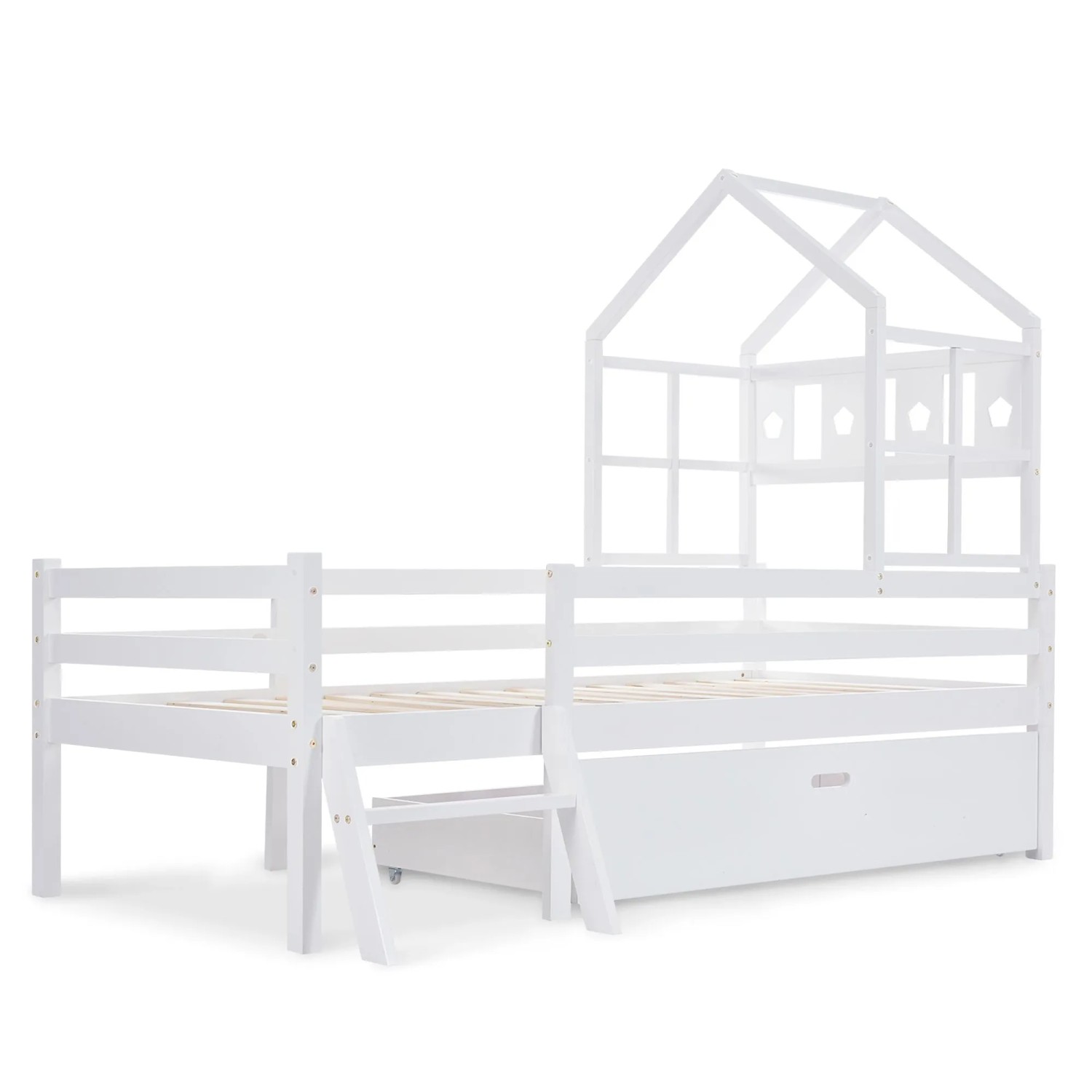 okwish Hausbett 90x200cm mit Leiter und Schubladen Weiß ohne Matratze