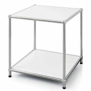Weißes Floordirekt Metallregal Concept Epure MK-012 mit zwei offenen Ablagen und verchromtem Gestell, 40x40x46 cm.