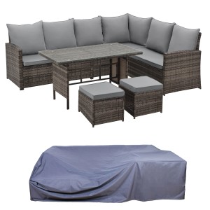 Svita Monroe Gartenlounge Set braun mit Abdeckhaube, Polyrattan Sitzgruppe mit Tisch und Hockern.