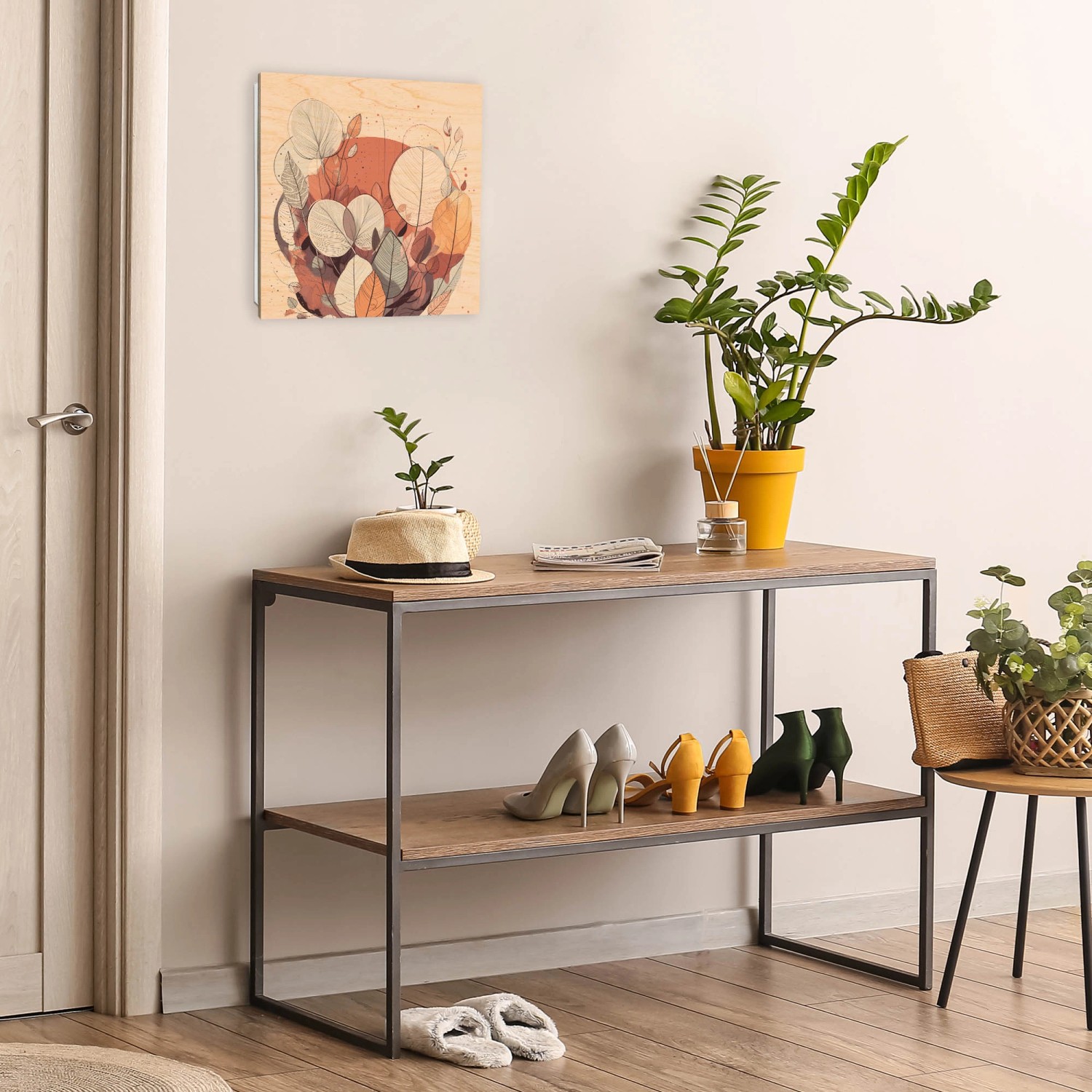 Weißer Schlüsselkasten mit Herbstlaub-Motiv, 30x30cm, 50 Haken. Garderobenhaken für Flur und Eingangsbereich.