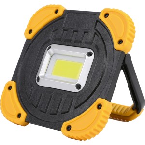 Schwarze COB-LED Arbeitsleuchte mit gelben Akzenten und Standfuß. 600 Lumen, ideal für Werkstatt und Baustelle.