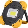 Schwarze COB-LED Arbeitsleuchte mit gelben Akzenten und Standfuß. 600 Lumen, ideal für Werkstatt und Baustelle.