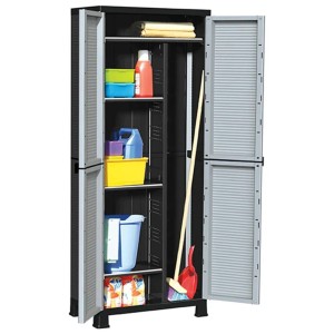 Grauer vidaXL Kunststoffschrank (68x39x171,5 cm) mit geöffneten Türen und Regalen, ideal für Büro oder Garage.