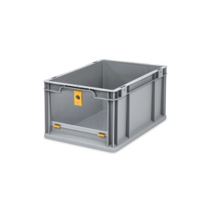 Graue PROREGAL Eurobox NextGen mit Entnahmeöffnung und gelben Details, 20 Liter.