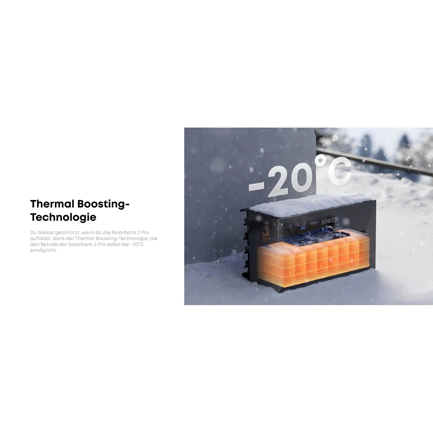 Anker SOLIX Solarbank 3 Pro im Schnee bei -20°C. Thermal Boosting heizt Batterie für Kältebetrieb.