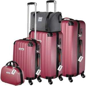 Tectake Cleo Hartschalenkoffer Set: 3 rote ABS-Trolleys, Beautycase & Reisetasche. Robust, Teleskopgriff, TSA-Schloss.
