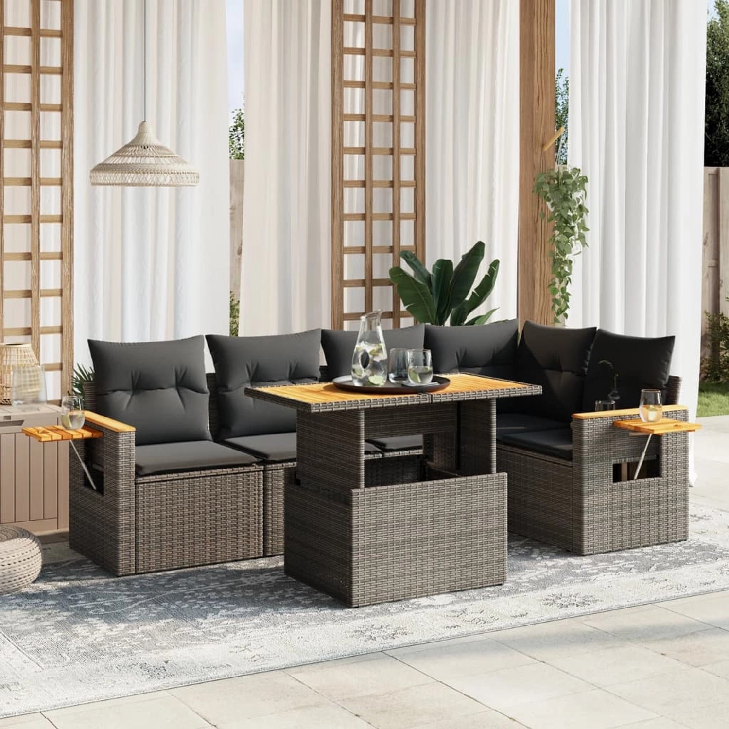 Graue 6-tlg. vidaXL Garten-Sofagarnitur aus Rattan mit Tisch und Kissen.