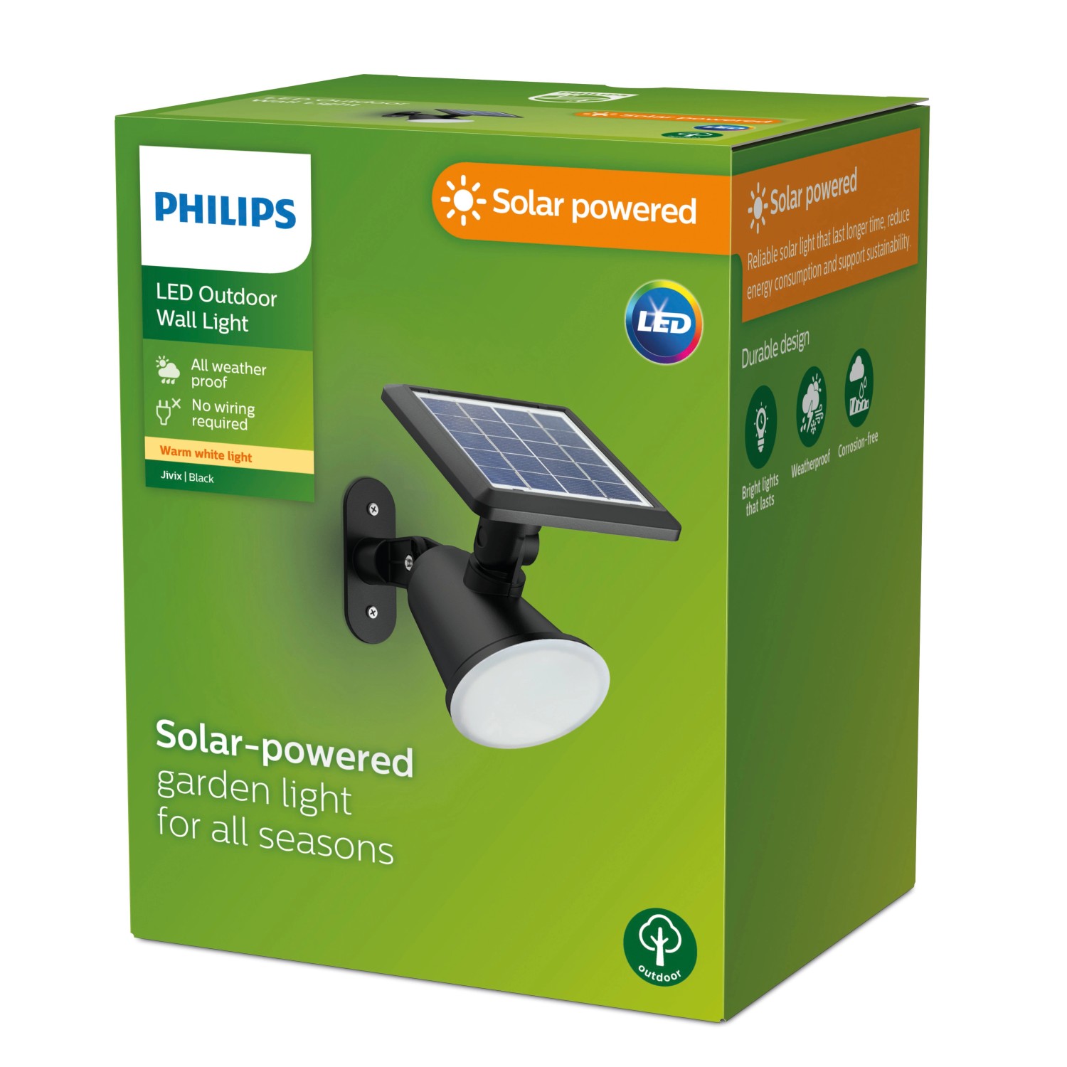 Verpackung der Philips Jivix Solar-Wandleuchte mit Spot, Solarpanel und Tageslichtsensor.