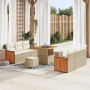 Beige vidaXL Gartenmöbel-Set mit Kissen, 11-teilig, aus Polyrattan. Sofa, Tisch und Hocker.