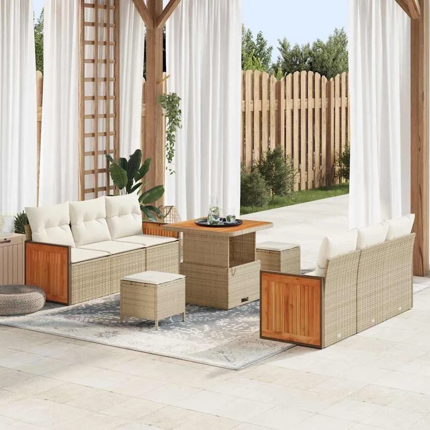 Beige vidaXL Gartenmöbel-Set mit Kissen, 11-teilig, aus Polyrattan. Sofa, Tisch und Hocker.