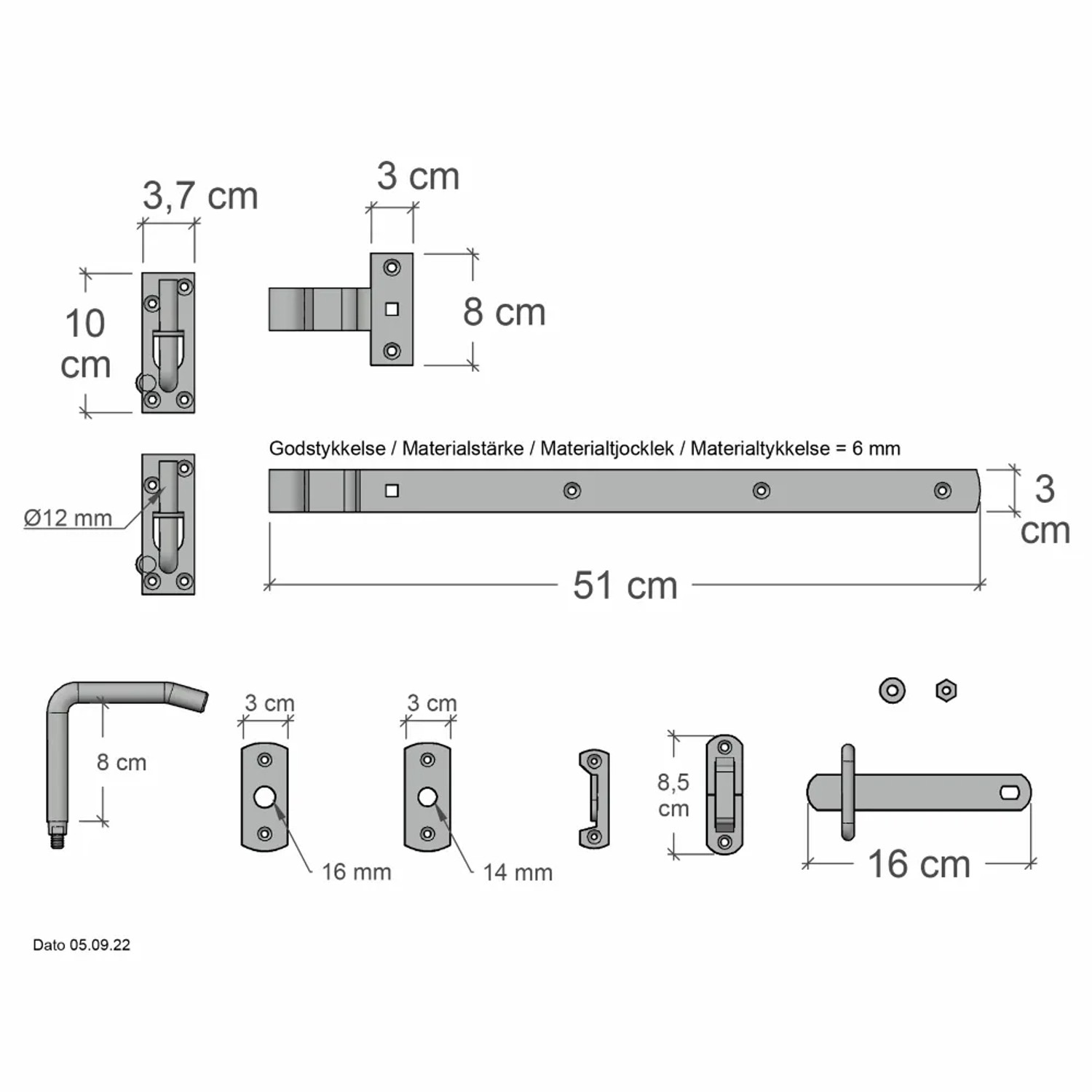 Detailansicht Beschläge für Gartentor Silence, Maße und Details.