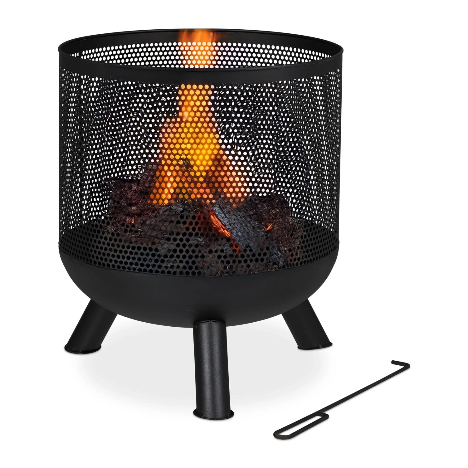Relaxdays Feuerkorb Stahl Schwarz Funkenschutz Mit Schürhaken 53 cm x 44 cm 3,7 kg