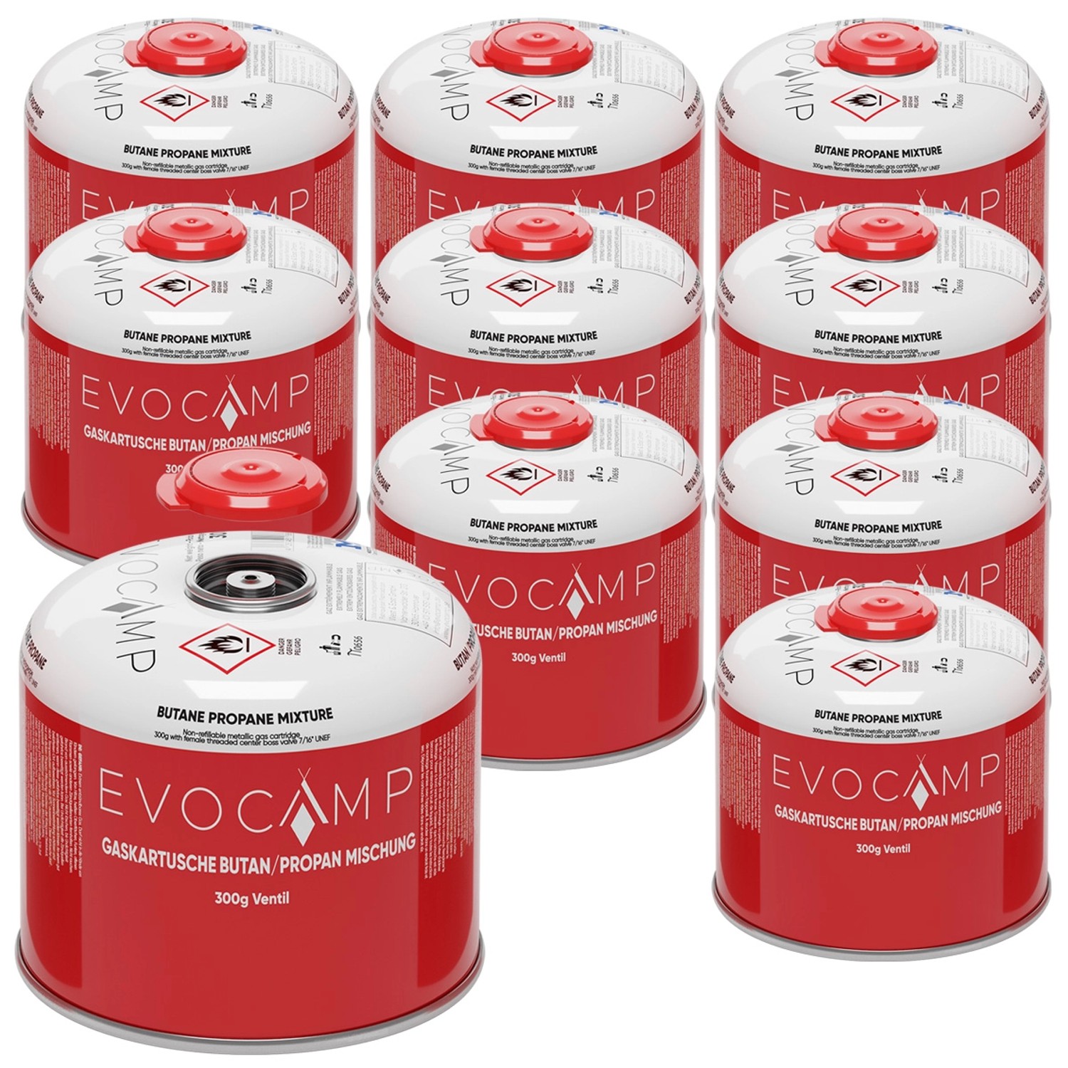 Evocamp Gaskartusche 10 Stück 300g Butan Propan Schraubventil für Camping Weber Q100