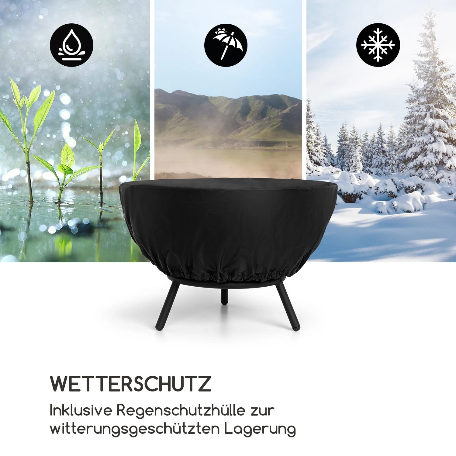 Blumfeldt Fireball Feuerschale mit schwarzer Regenschutzhülle für wettergeschützte Lagerung.
