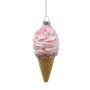 Glitzernder Glas-Weihnachtsbaumschmuck in Form eines Eiswaffelhörnchens mit rosa Zuckerperlen. Dekorativer Baumbehang.