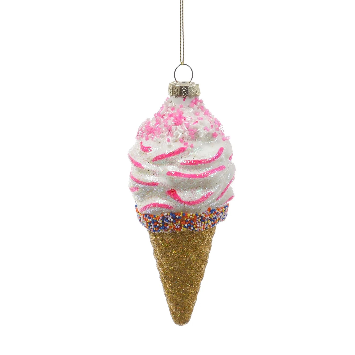 Glitzernder Glas-Weihnachtsbaumschmuck in Form eines Eiswaffelhörnchens mit rosa Zuckerperlen. Dekorativer Baumbehang.