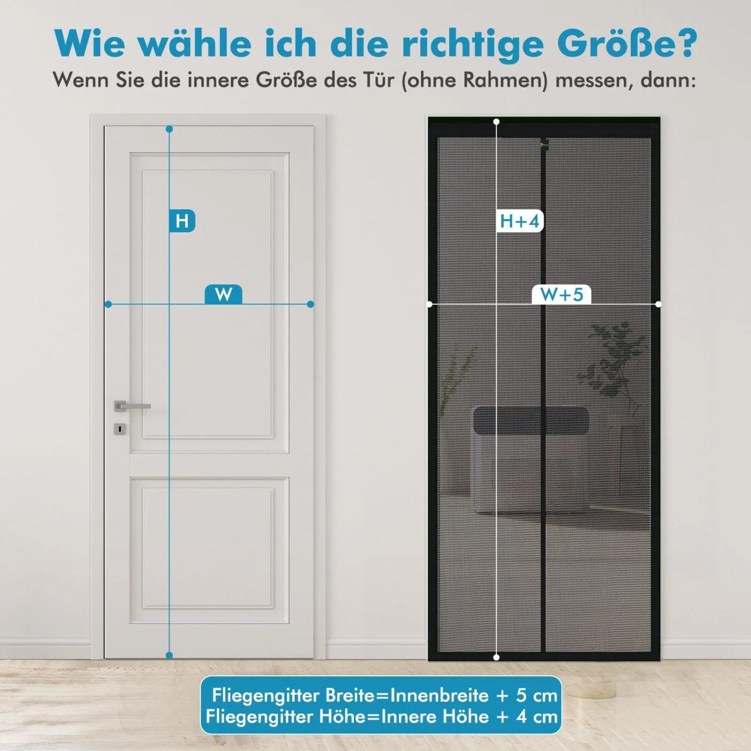 Messanleitung für Sekey Insektenschutz-Tür: Türrahmen-Innenmaße H, W; Fliegengitter-Maße H+4, W+5. Zuschneidbar.