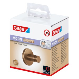 Verpackung des Tesa Handtuchhakens Moon in Bronze, Badhelfer zur Wandmontage ohne Bohren.