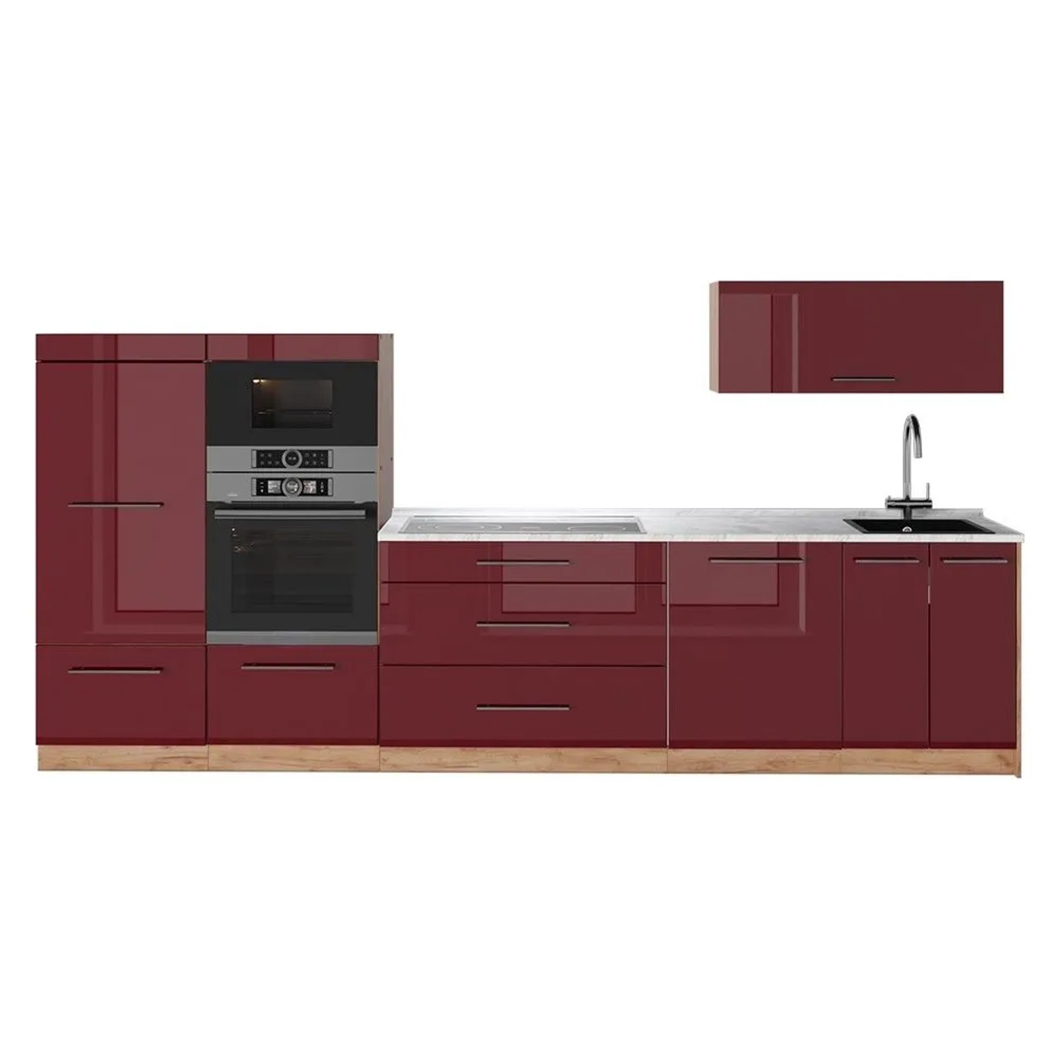 Vicco Küchenzeile Fame-Line Bordeaux Hochglanz/Goldkraft Eiche 340 x 154 AP Marmor Art Nr 64517