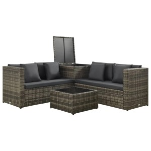 Graues 4-tlg. vidaXL Garten-Lounge-Set aus Rattan mit Kissen und Tisch.