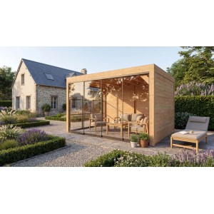 weka Gartenlaube Lumley: Moderne Terrassenüberdachung aus Fichte mit Flachdach, Glasschiebetür, Holzwänden und Lounge-Möbeln.