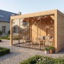 weka Gartenlaube Lumley: Moderne Terrassenüberdachung aus Fichte mit Flachdach, Glasschiebetür, Holzwänden und Lounge-Möbeln.