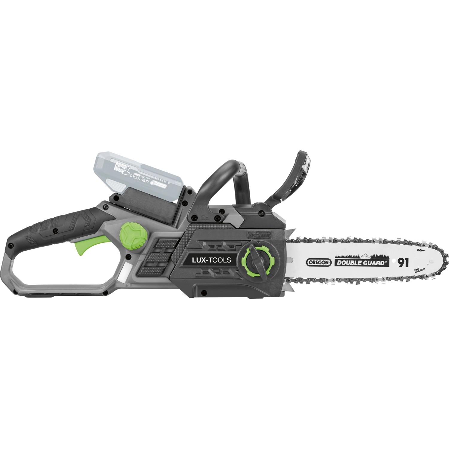 LUX-TOOLS 20V Akku-Kettensäge in Grau/Schwarz mit grünen Akzenten, eingesetztem Akku und 31 cm Schwert. Für Gartenarbeiten.