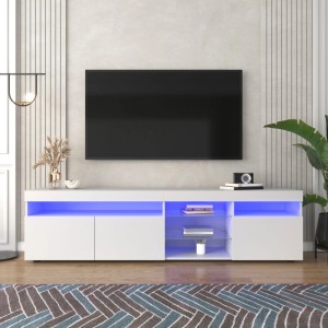 Weißer TV Schrank mit blauer LED Beleuchtung, 180cm. Modernes TV Möbel für Wohnzimmer mit Stauraum und Glasablagen.