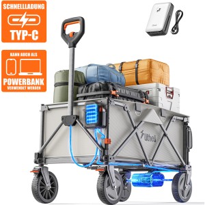 Litheli Bollerwagen W1 Pro mit Akku, beladen. Elektrischer Handwagen für Camping, Festivals und mehr.