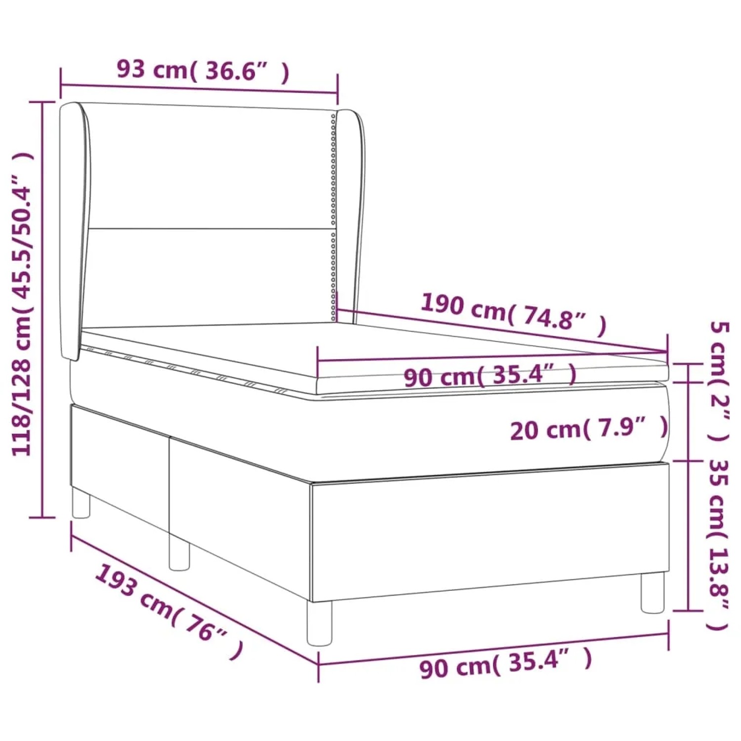 vidaXL Boxspringbett dunkelgrau 90x190 cm mit Matratze, Stoffbezug, Maßeinteilungen.