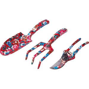 3-teiliges Gartenhandgeräte-Set mit Blumenmuster: Schaufel, Harke und Gartenschere.