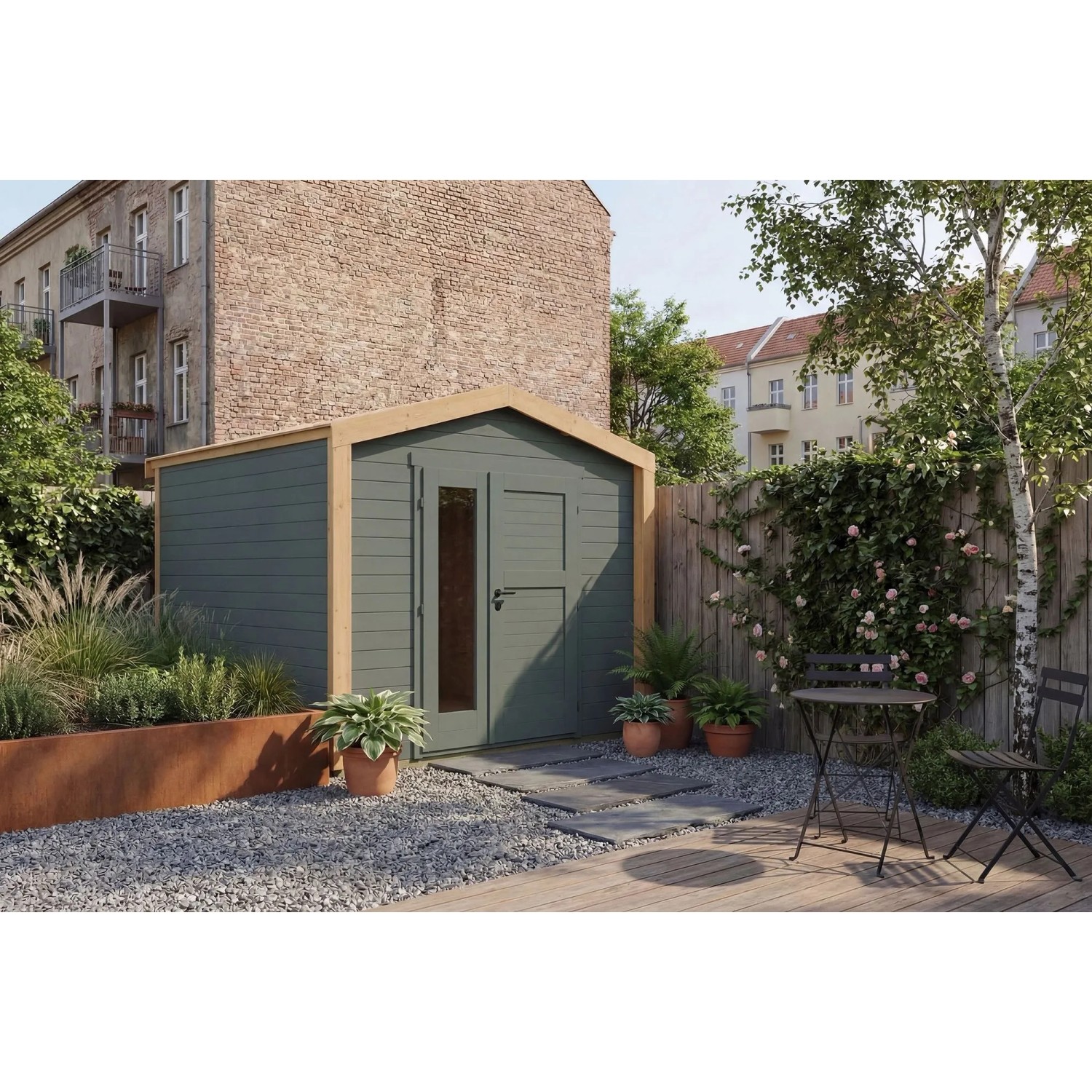 Weka Holz-Gartenhaus Killarney Satteldach Grau-Grün Lasiert 311 cm x 313 cm