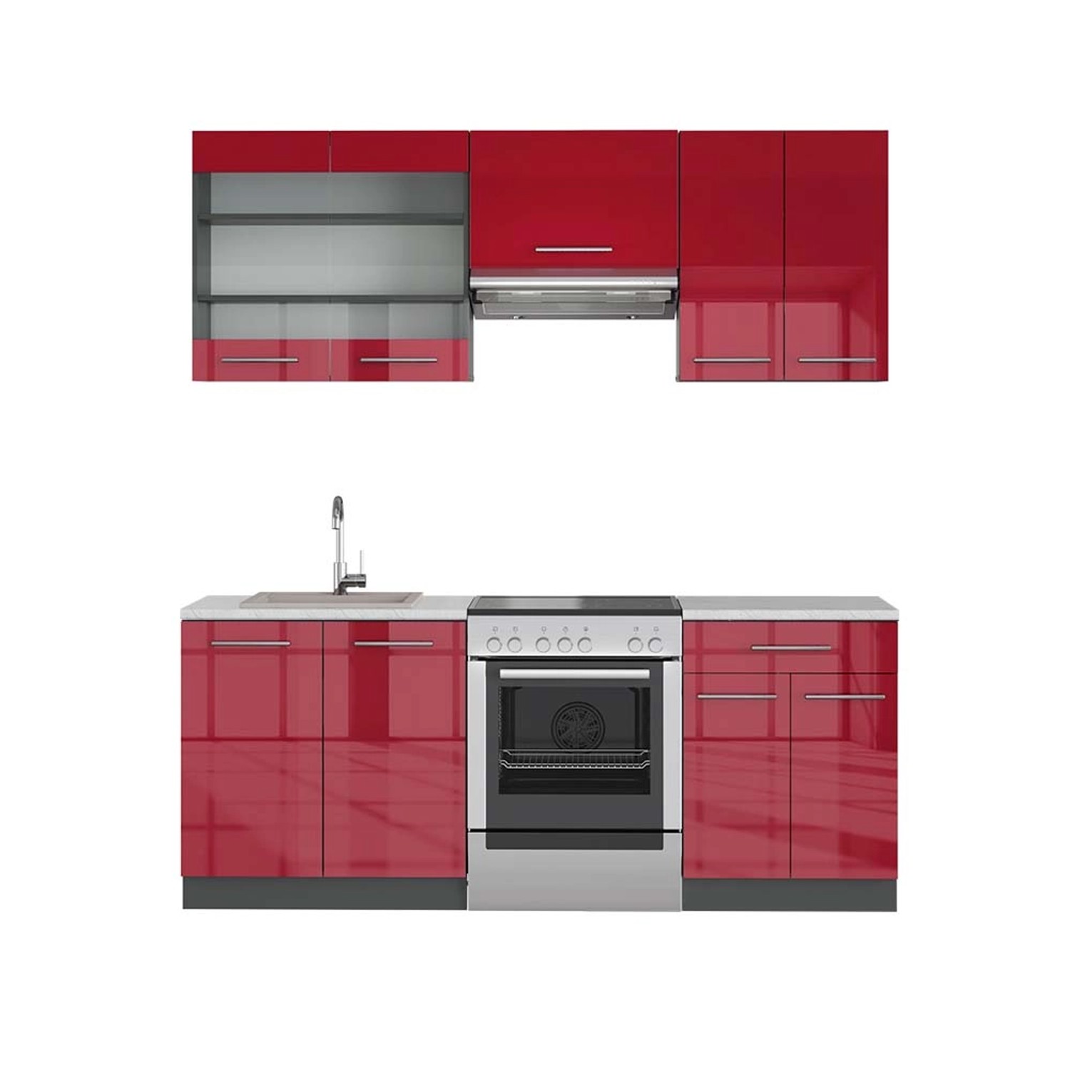 Vicco Fame-Line Küchenzeile Bordeaux Hochglanz/Anthrazit 200 cm AP Marmor günstig online kaufen